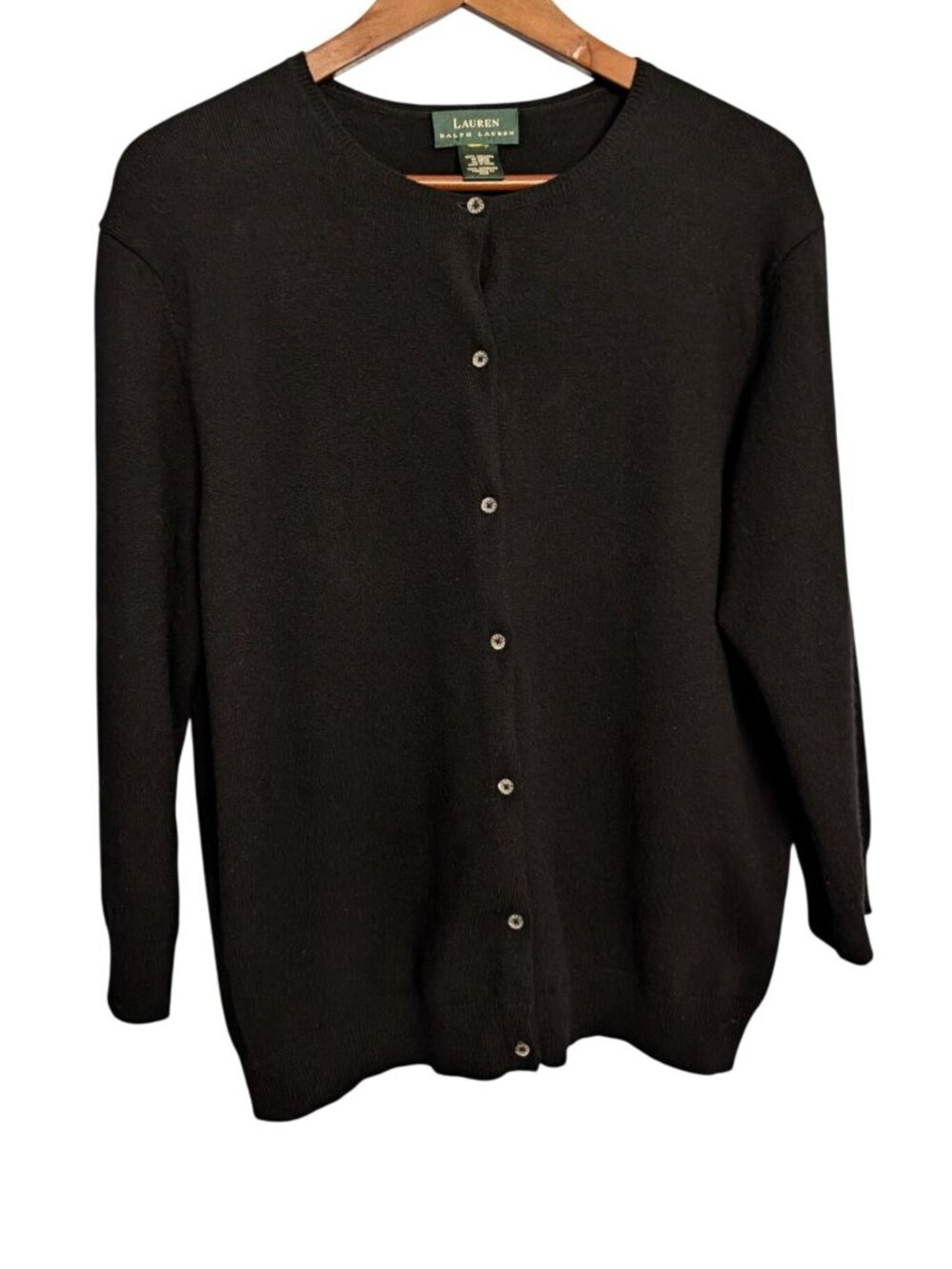 Lauren Ralph Lauren Womens Black 100% Cashmere Crewneck Button-Up Cardigan Sweat - Picture 1 of 15